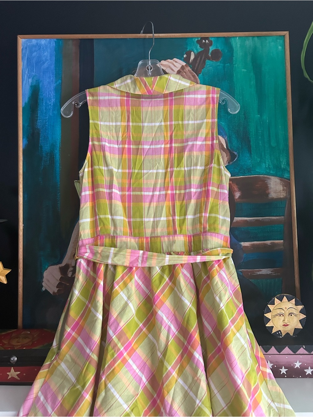 Pure Alfred Sung Plaid Wrap Midi Dress Belted Pink Green Sleeveless Women M - Picture 5 of 16